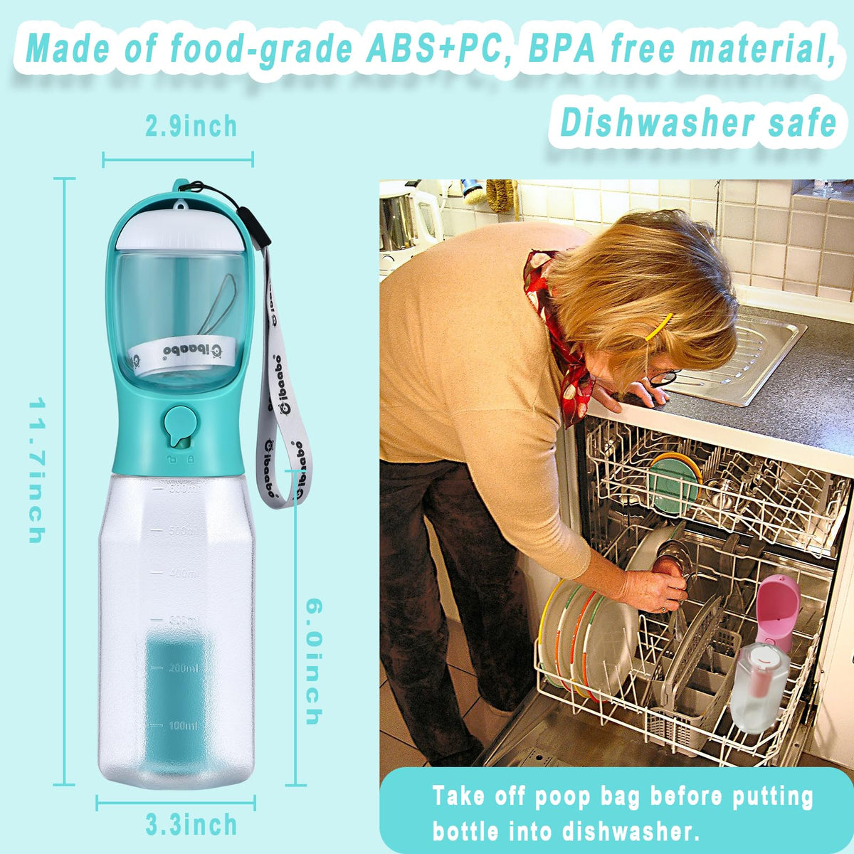 Dog Water Bottle with Food Container & Poop Bag Holder & Filter (#06 Green / 20oz)