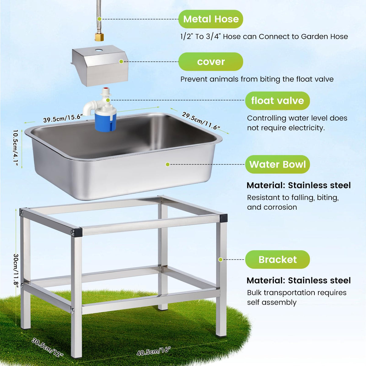 3Gal Automatic Dog Water Bowl Dispenser Large Breed Elevated Outdoor Large Dog Water Bowl with Stand Raised Stainless Auto Fill Waterer with Float Valve for Big Dogs Pets Cats Chicken Livestock (3 Gal)