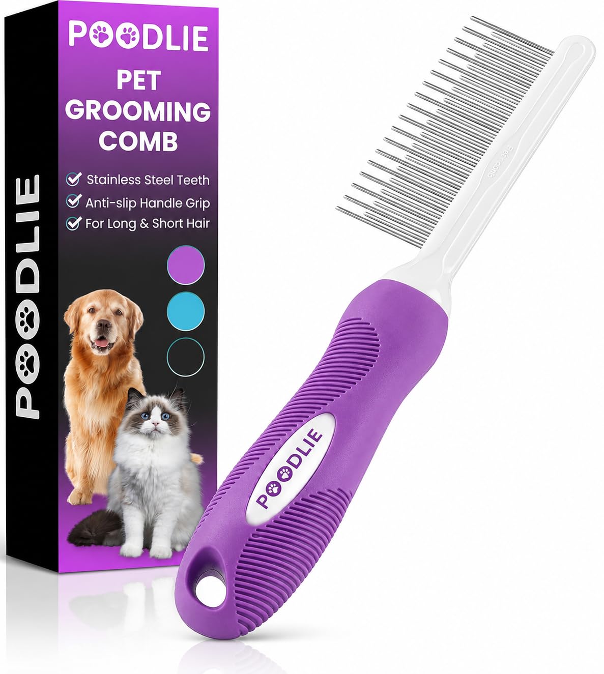 Poodle Pet Detangling Pet Comb with Long & Short Stainless Steel Teeth for Removing Matted Fur (Purple / Detangling Pet Comb)