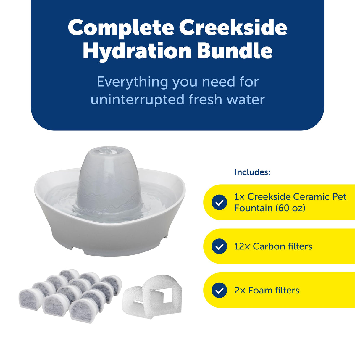 Creekside Ceramic Pet Fountain (Fountain + 12 Carbon Filters + 2 Foam Filters)