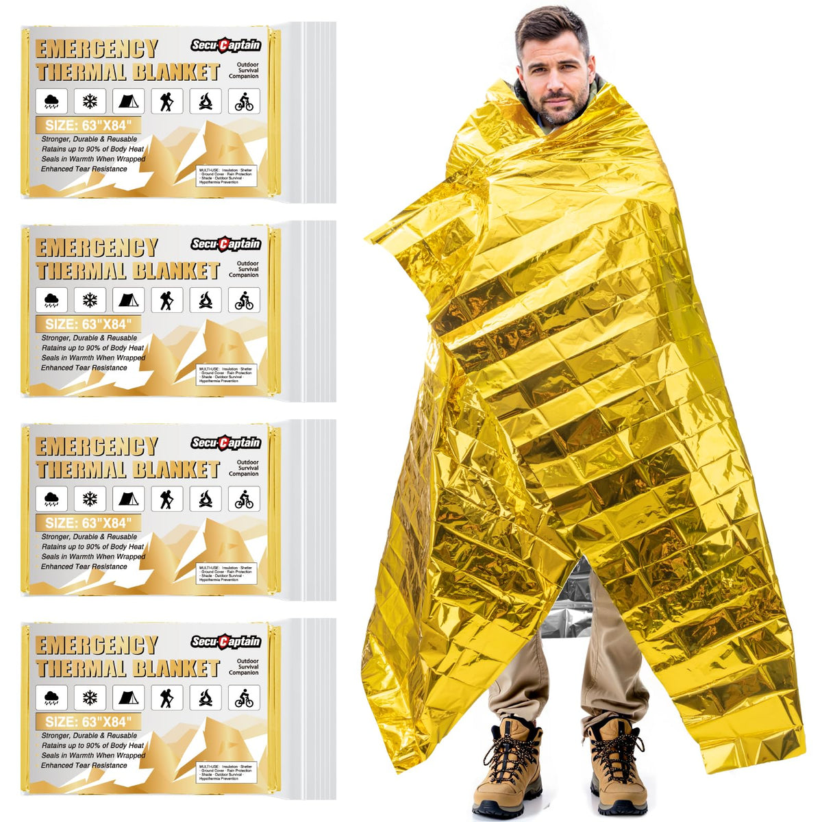 Survival Emergency Thermal Blankets (Gold / 4 Pack)