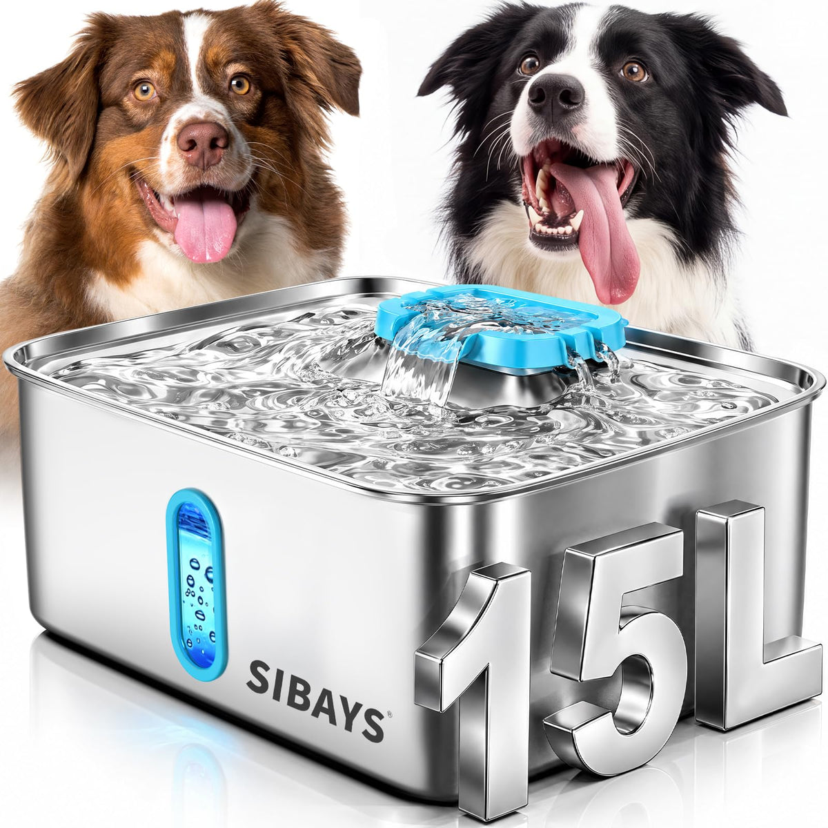 4Gal 15L Large Dog Water Fountain (Silver-Blue)
