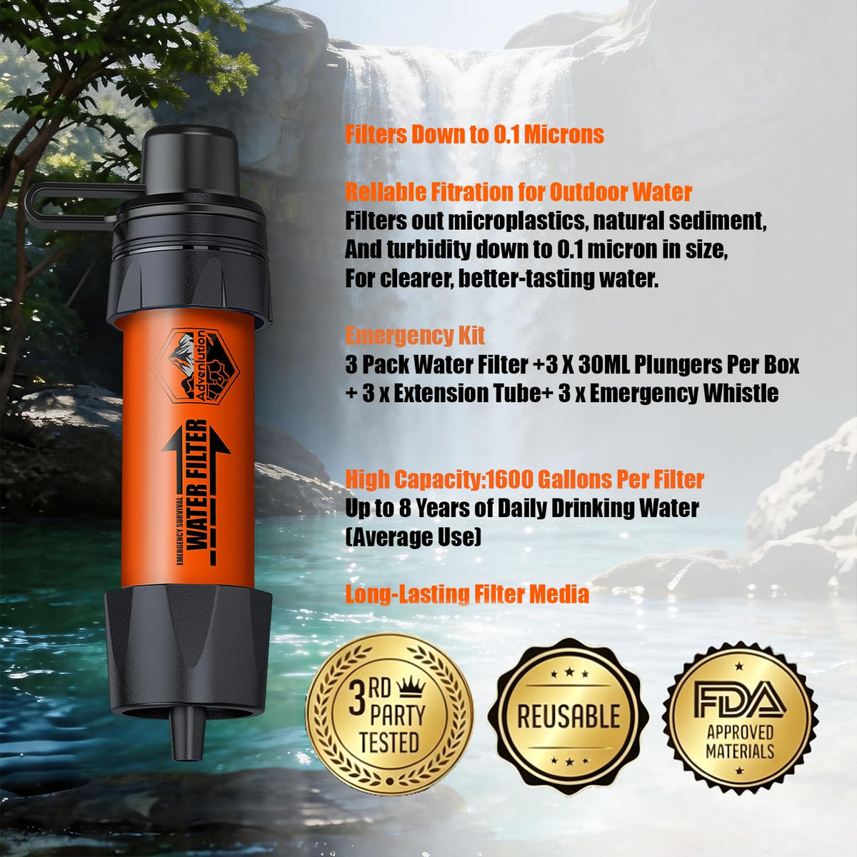 3 Pack Water Filter Straw with Survival Whistle Kit (3-Pack Orange Upgraded / 3-Pack)