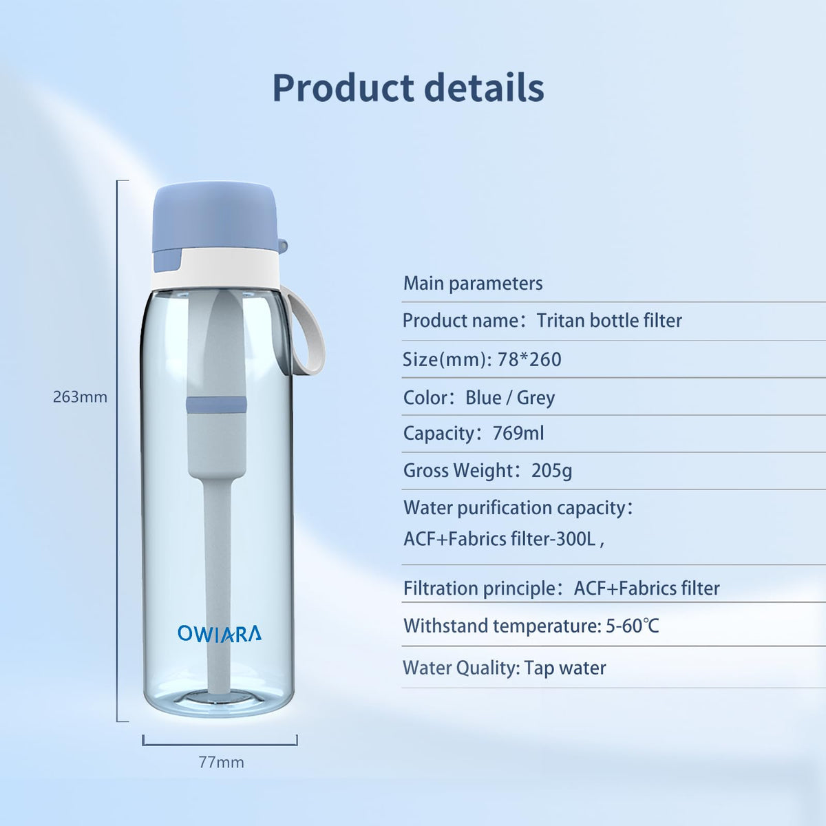 Water Bottle with Filter for Drinking (Light Grey)
