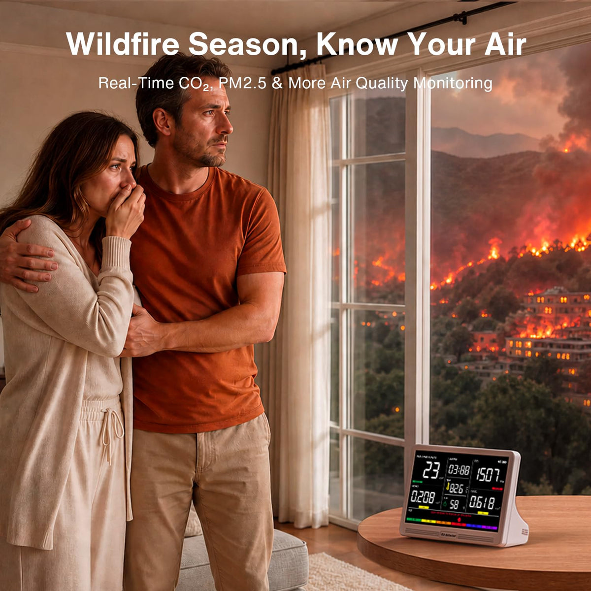 16 in 1 Air Quality Monitor Indoor 12Hrs Battery 7" Wildfire CO2 Monitor (12H & White / Standard)