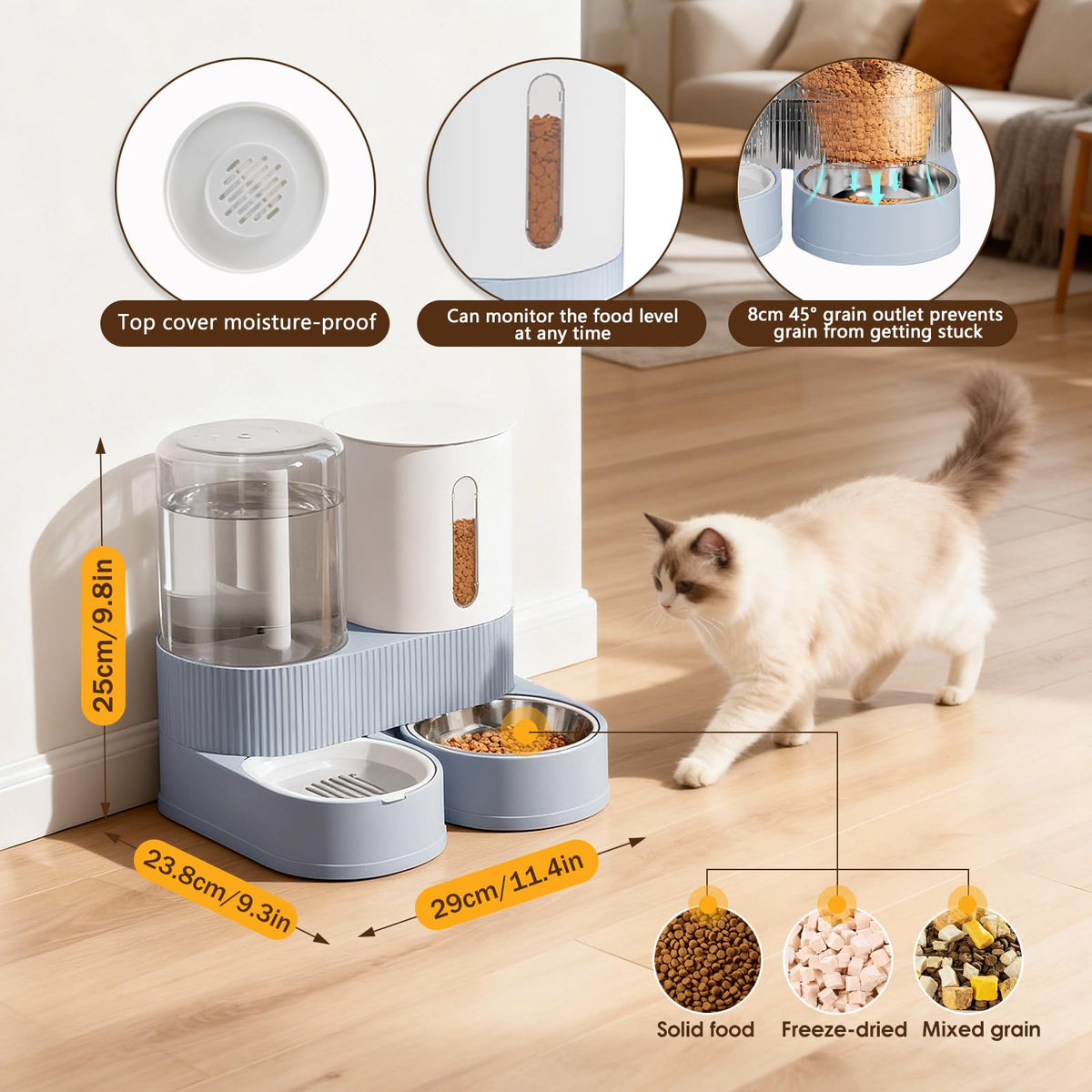 Automatic Gravity Cat Dog Feeder and Water Dispenser with 304 Stainless Steel Bowls 2 in 1 360 Degree Rotatable Auto 2.4L Dry Food and 2.6L Water Bowl for Small Medium Pet Dog Puppy Kitten (Blue)