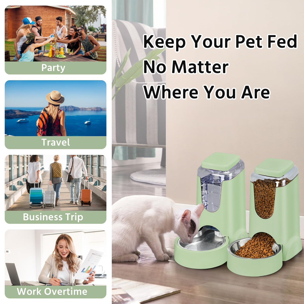 2 Pack Automatic Cat Feeder and Stainless Steel Water Dispenser (1 Gallon x 2 - Green)
