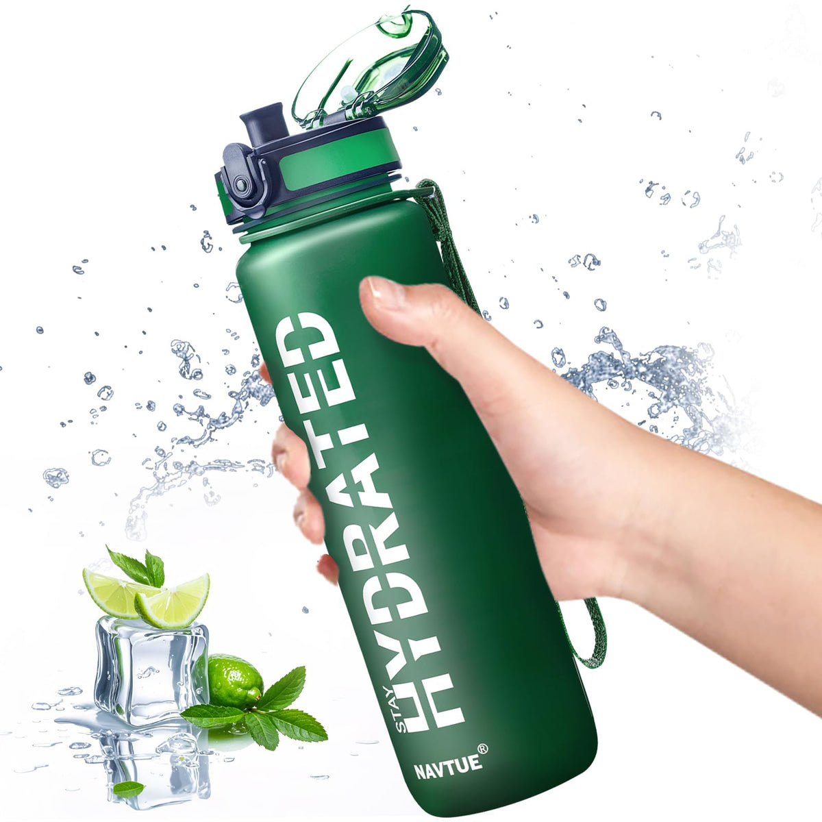 Water Bottle 32 oz Motivational Time Marker Tritan Bottle (Green / 32 Ounces)