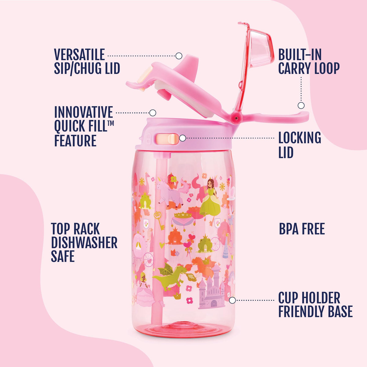 Kids Pop & Fill 16oz Tritan Plastic Water Bottle with Quick Fill Technology (Royal Palace)