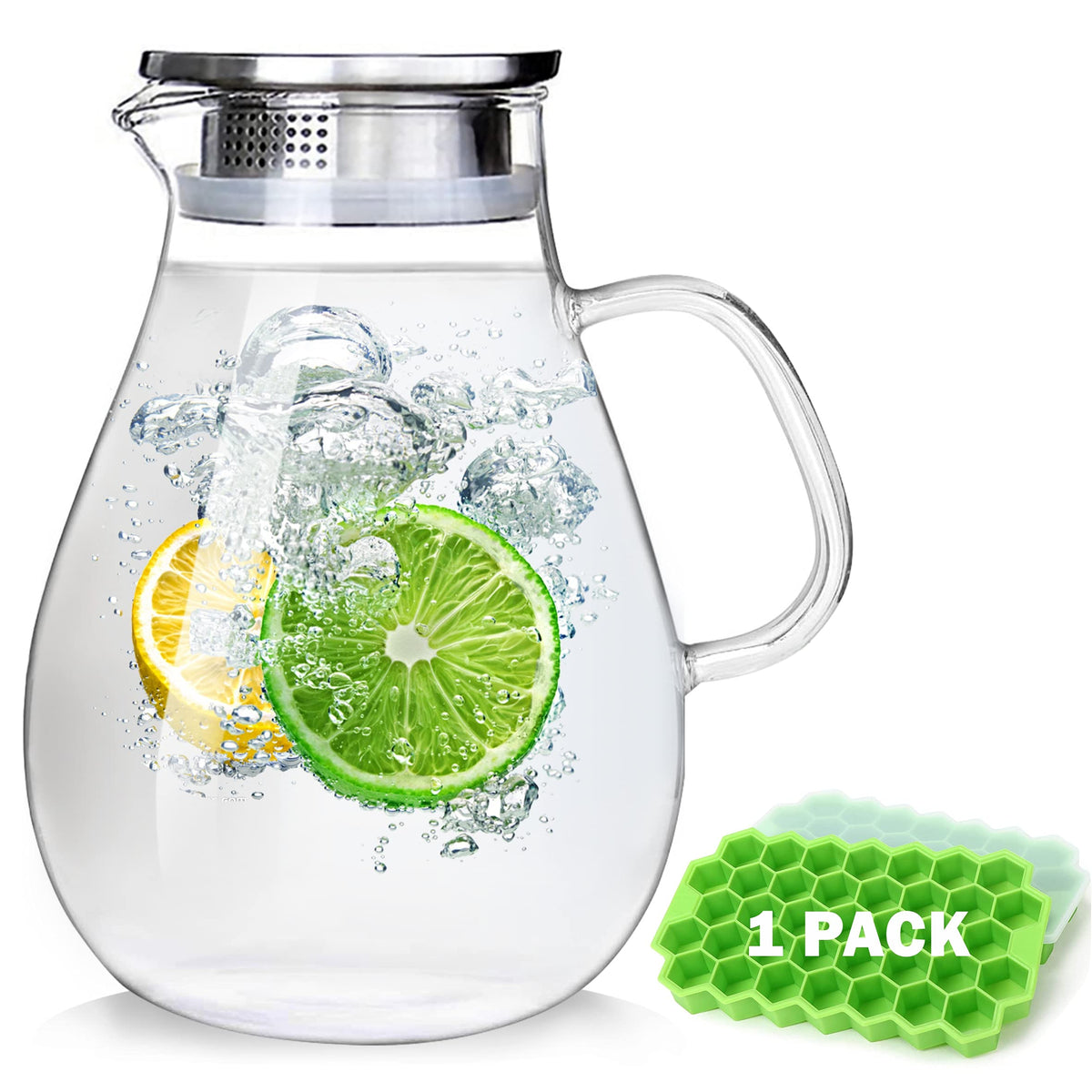 88oz Glass Pitcher with Lid and Handle (D Model with Ice Tray / 87.9 Ounces)