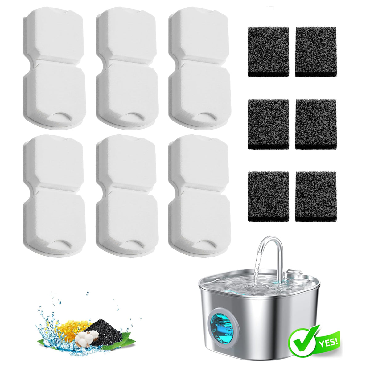 Cat Water Fountain Filter Replacement (6 Filters + 6 Sponges)