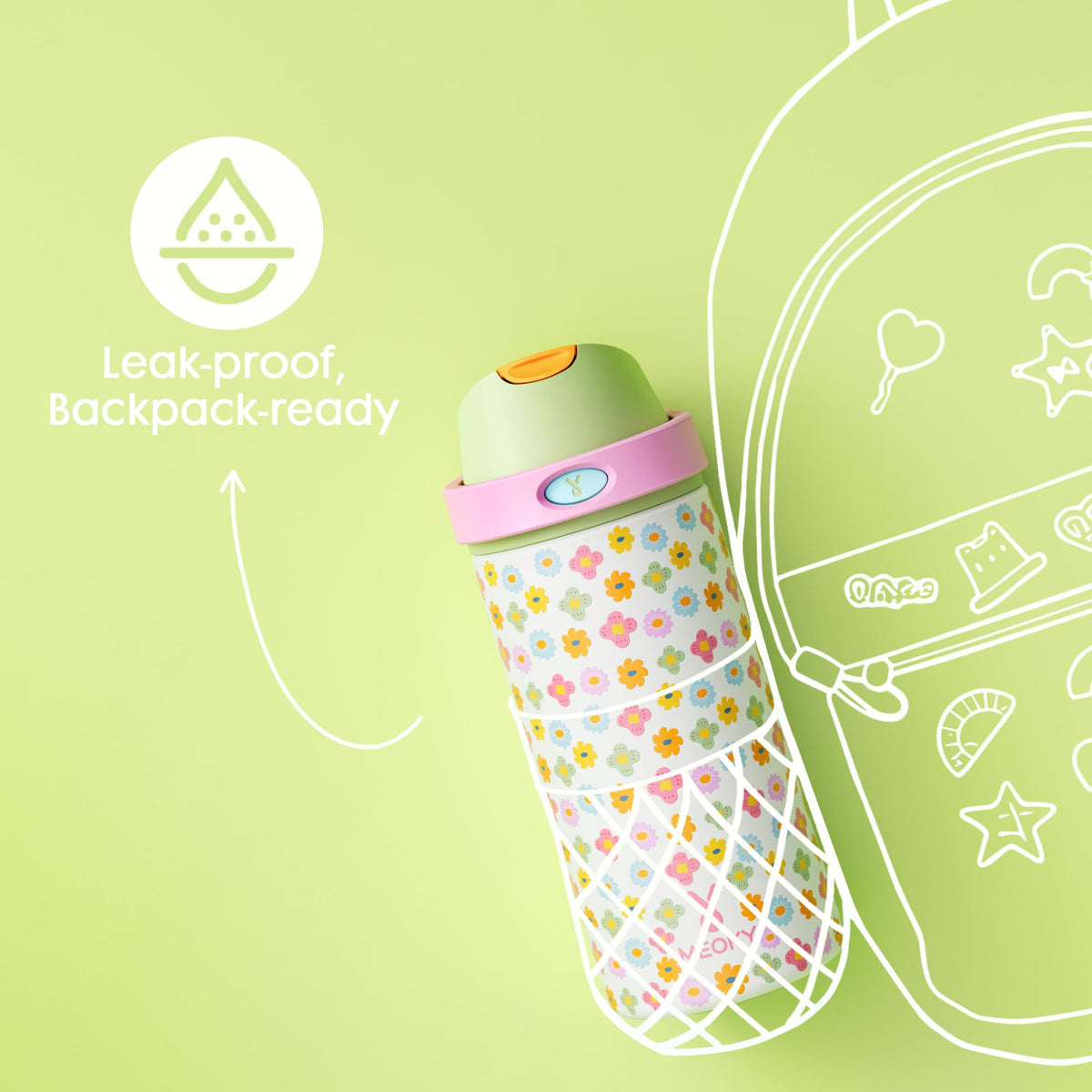 2 Pack 18 oz Insulated Stainless Steel Water Bottles for Kids Girls (Pink Bows & Rainbow Blooms / 18 oz (Pack of 2))