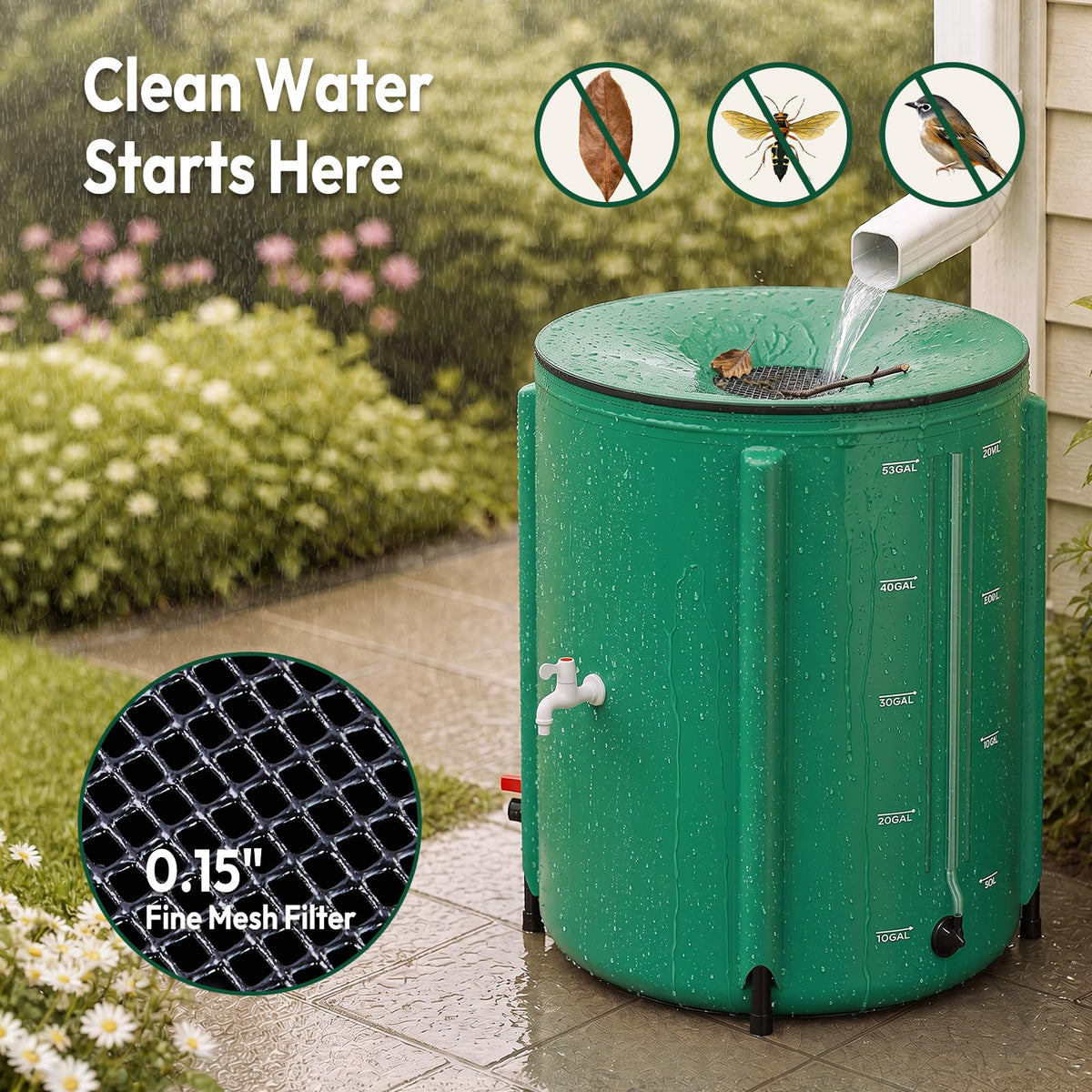 Collapsible Rain Barrel Portable Rain Water Collection (Green / 50 Gal w/ Scale Line)