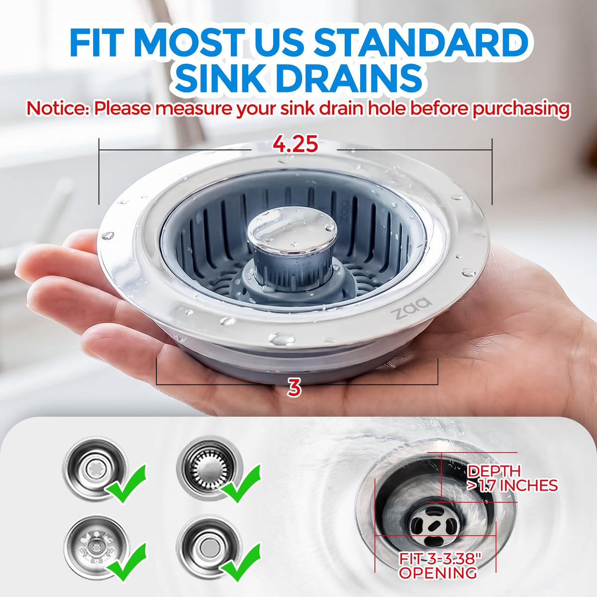 3-in-1 Kitchen Sink Drain Strainer Stopper, Stainless Steel, Anti-Clog (Silver)
