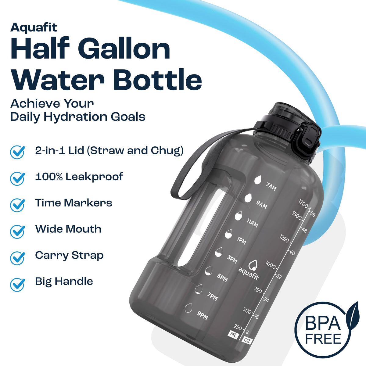 Half Gallon Water Bottle with Time Marker (Aqua / 64 Ounces)