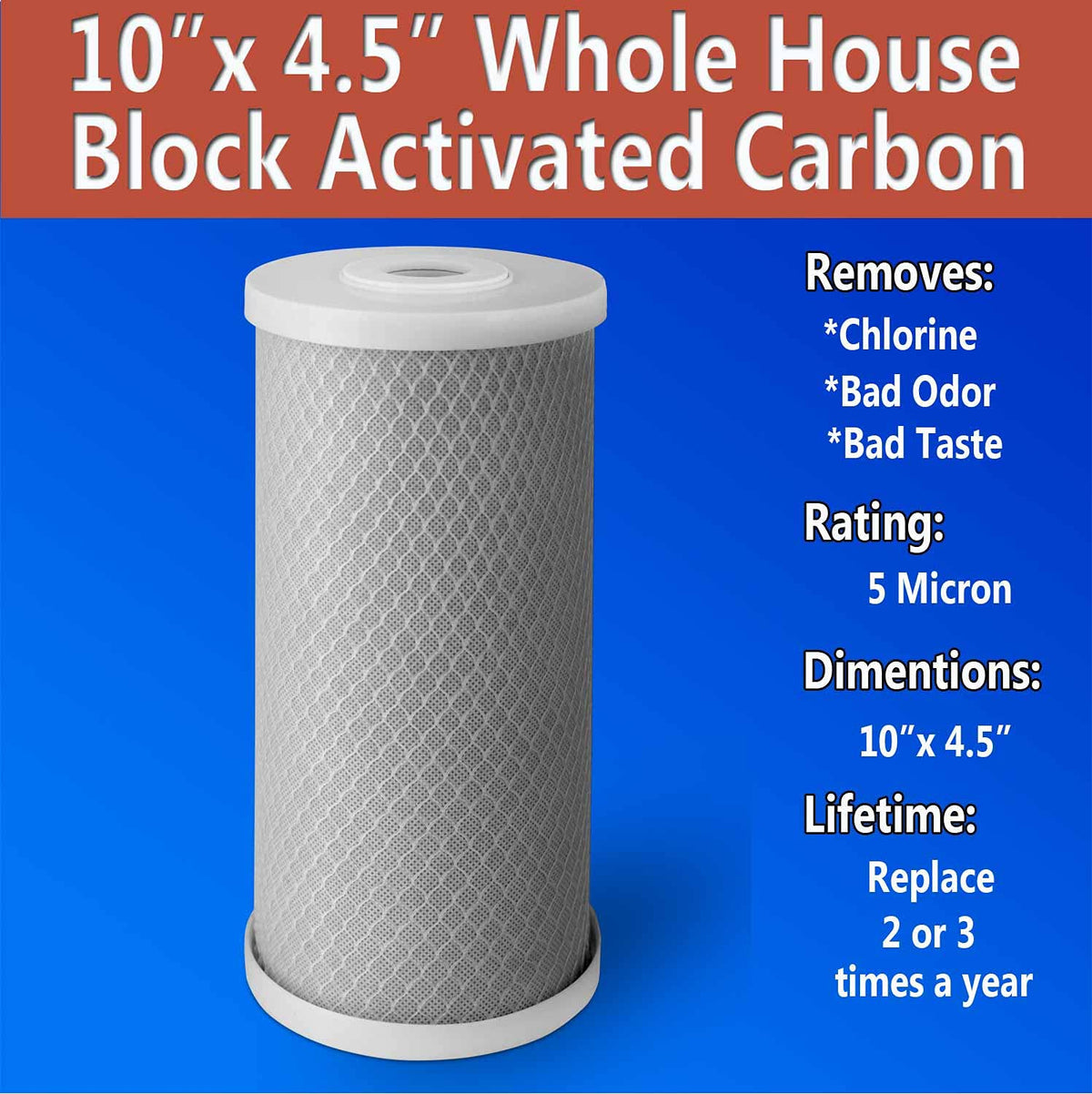 High Capacity Coconut Shell Carbon Block Water Filter 4.5 x 10 Inch 8 Pack