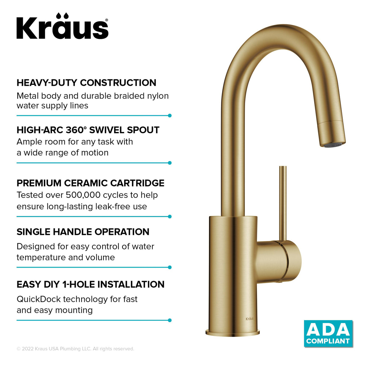 Oletto Single Handle Kitchen Bar Faucet with QuickDock Top Mount Assembly in Brushed Brass (Brushed Brass / Bar Faucet)