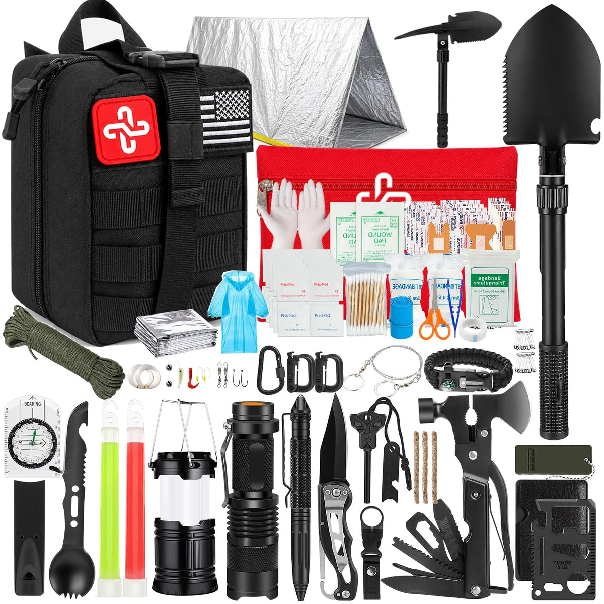 Survival Kit 250Pcs Survival Gear First Aid Kit with Molle System Compatible Bag and Emergency Tent (A-Deep Black)