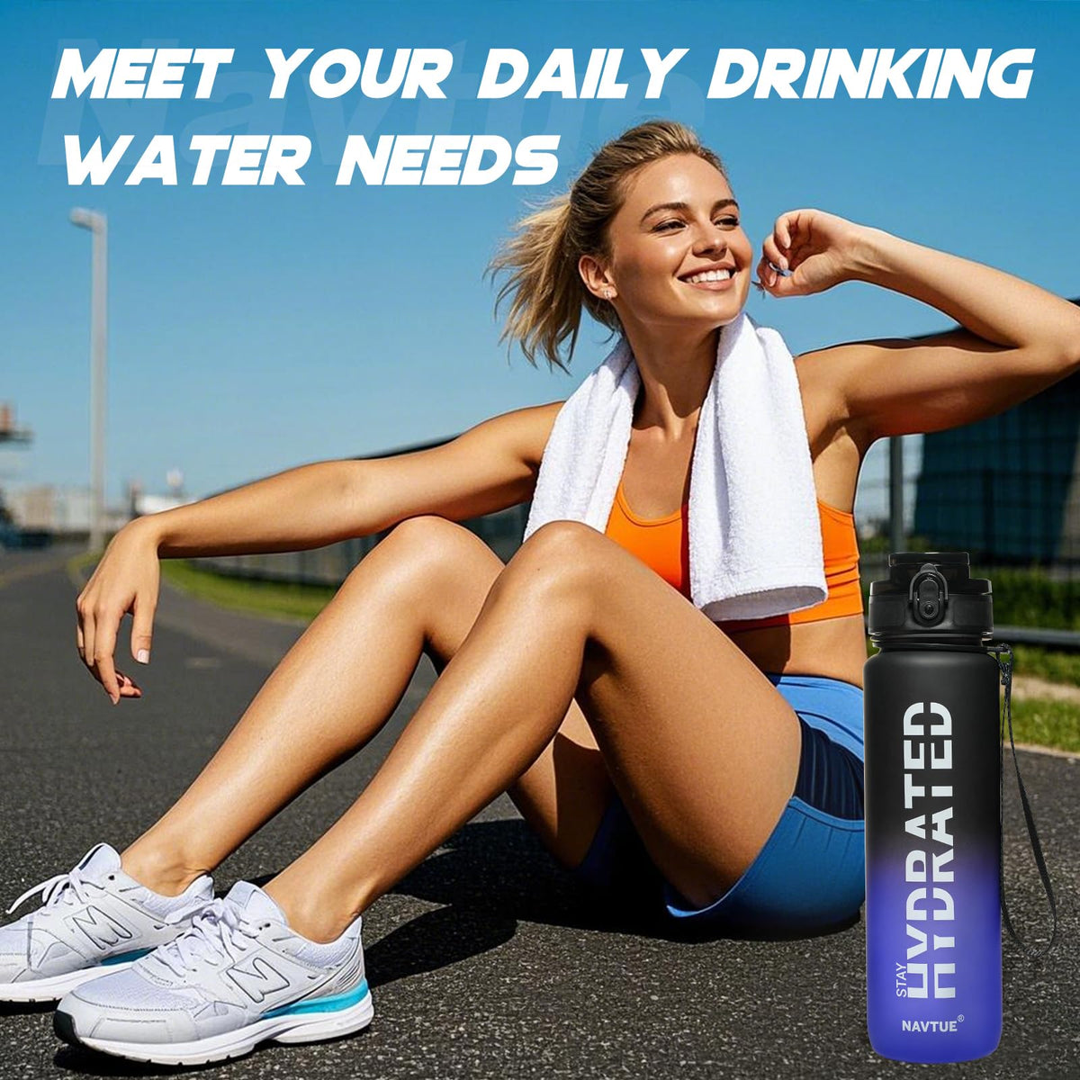 Water Bottle 32 oz Motivational Time Marker Tritan Bottle (Black Blue Gradient / 32 Ounces)