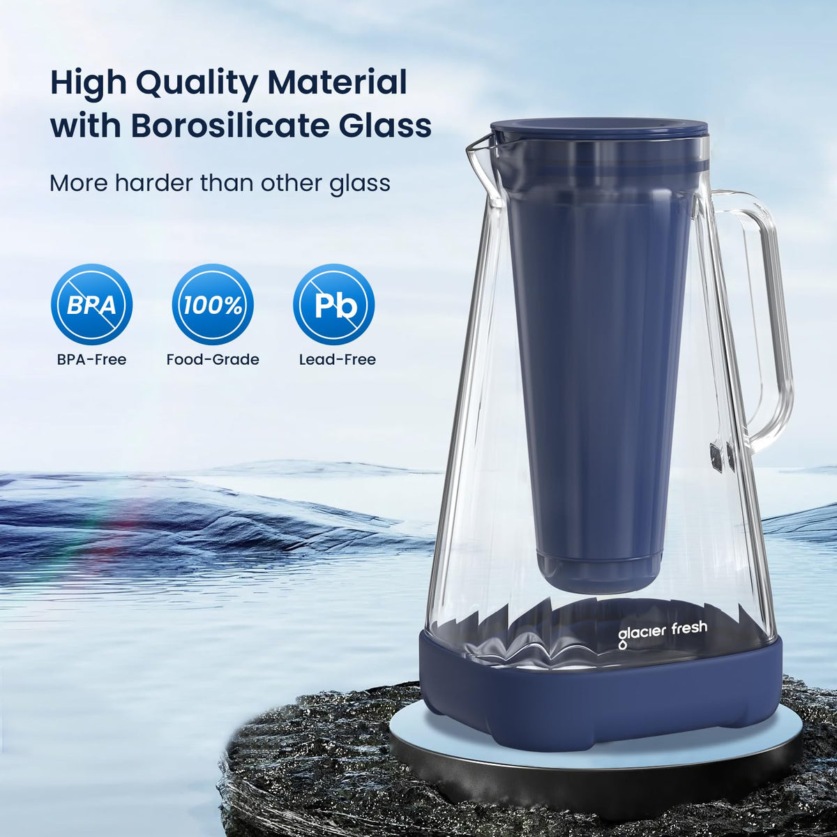 10 Cup Purela Glass Water Pitcher With 2 Filters (Pitcher Blue)