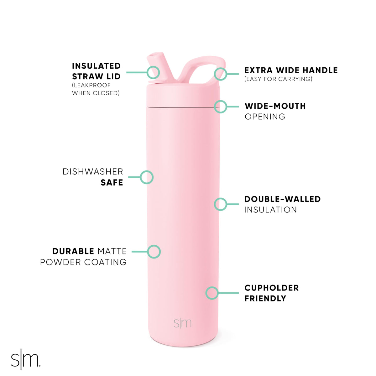 Insulated Water Bottle with Manual Straw (24oz / Blush)
