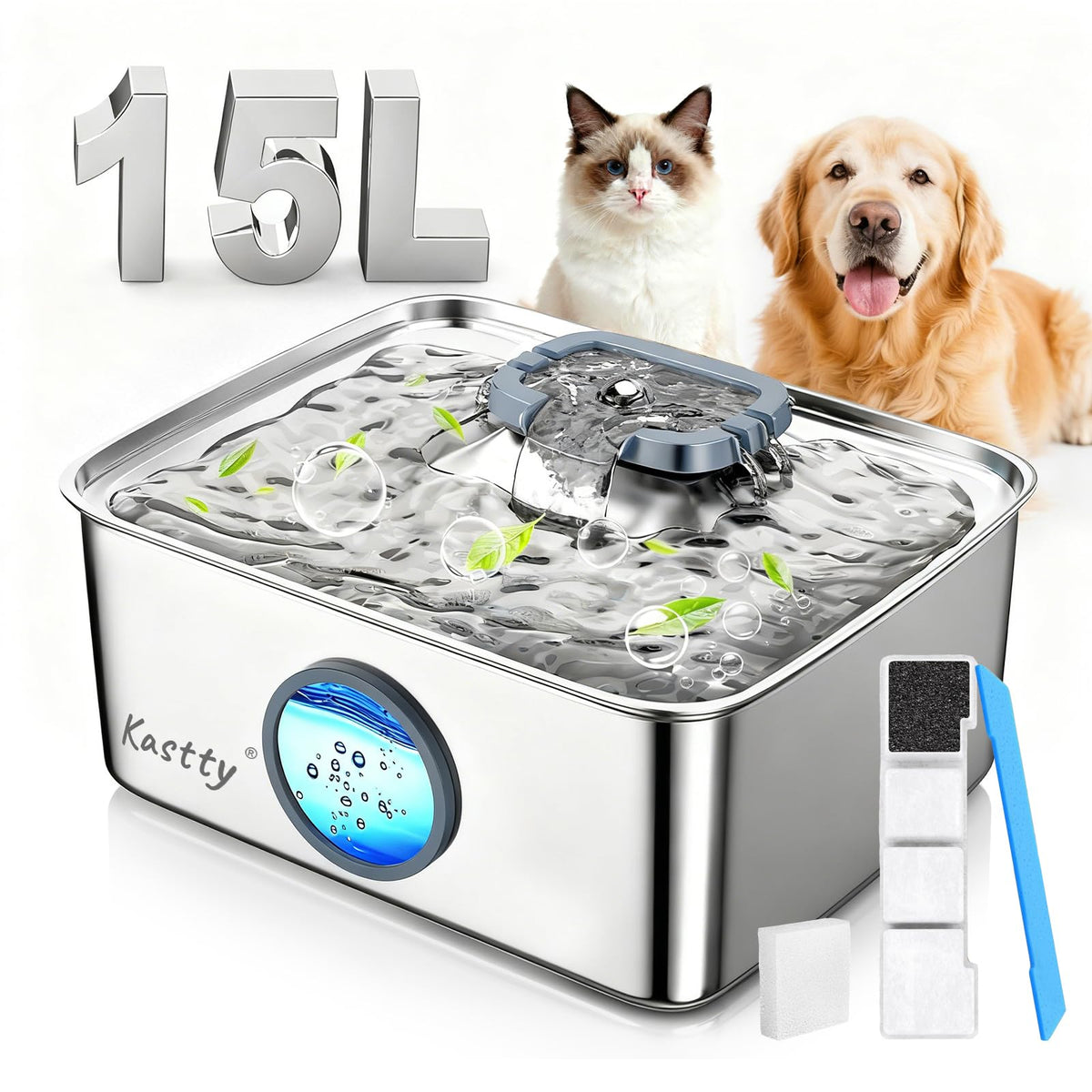 15L 4 Gal Stainless Steel Dog Water Fountain for Large Dogs