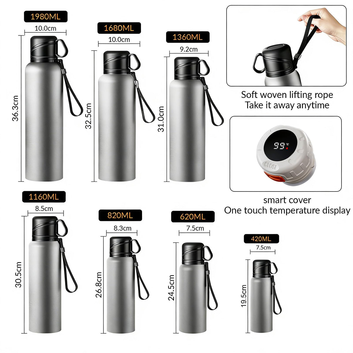 Double wall vacuum Leakproof stainless steel wide mouth insulated water bottle;tea tumbler with infuser (Silver-620ml)