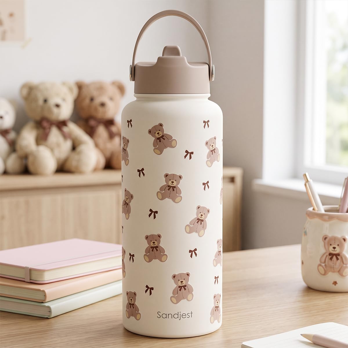 Bear Stainless Steel Water Bottle 32 Ounces with Lid & Straw (Bear)