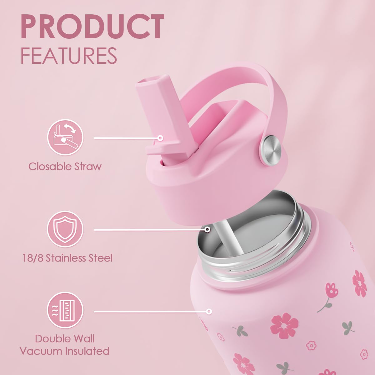 Floral Water Bottle 32oz Stainless Steel with Lid (Floral)