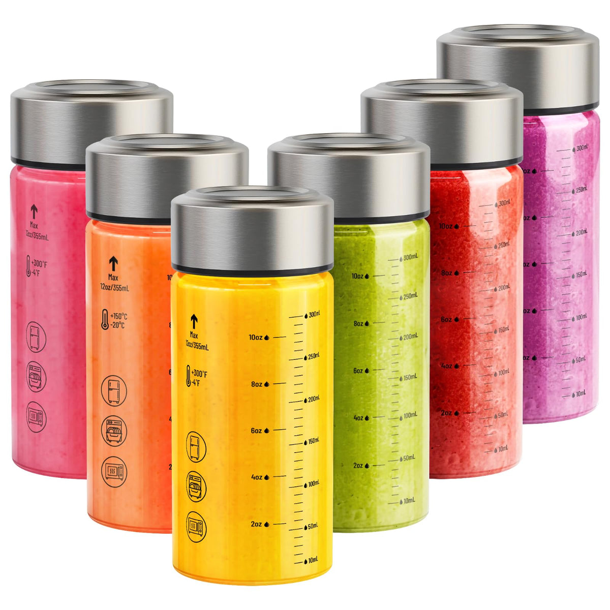 Wide Mouth Borosilicate Glass Juice Bottles 12oz 6 Pack with Lids (Clear-6set/12oz / 12 Ounces (Pack of 6))
