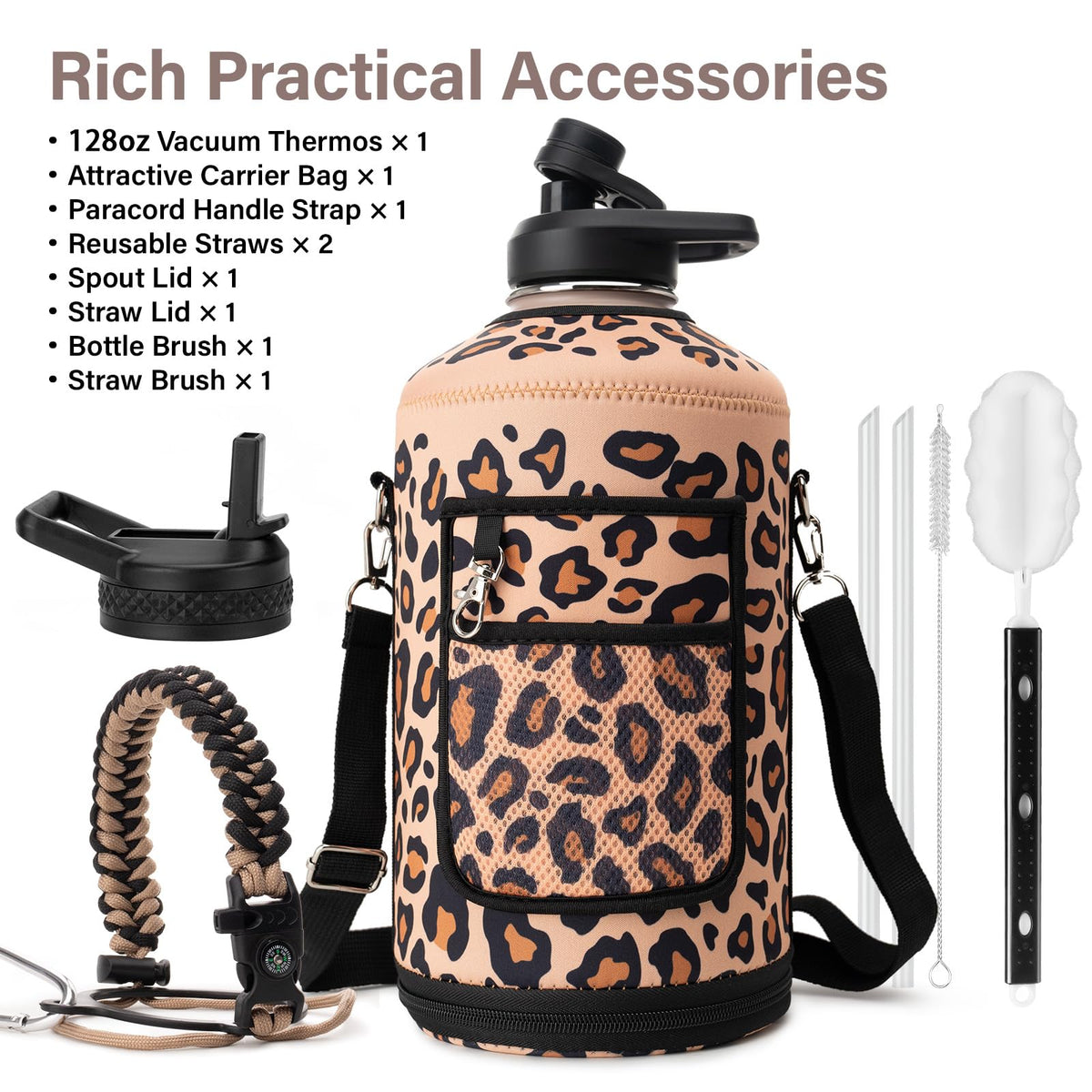1 Gallon Insulated Water Bottle w (Leopard Print / 128 Ounces)