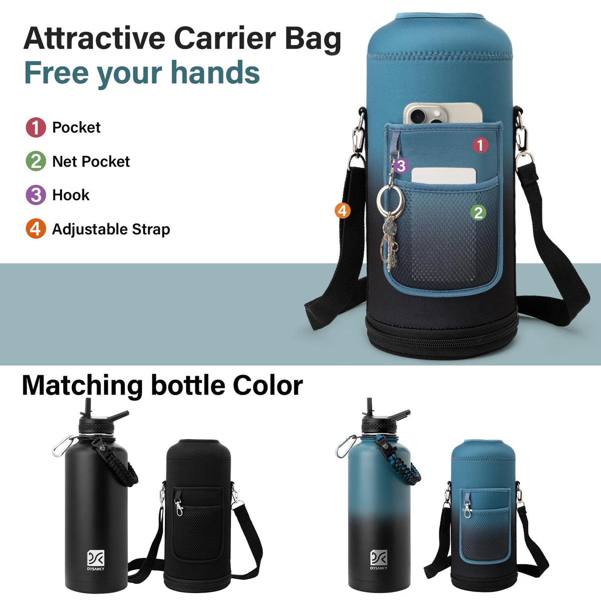 Insulated Water Bottle with Portable Carrier Bag for Outdoor 87 oz (Denim/Black / 87 Ounces)