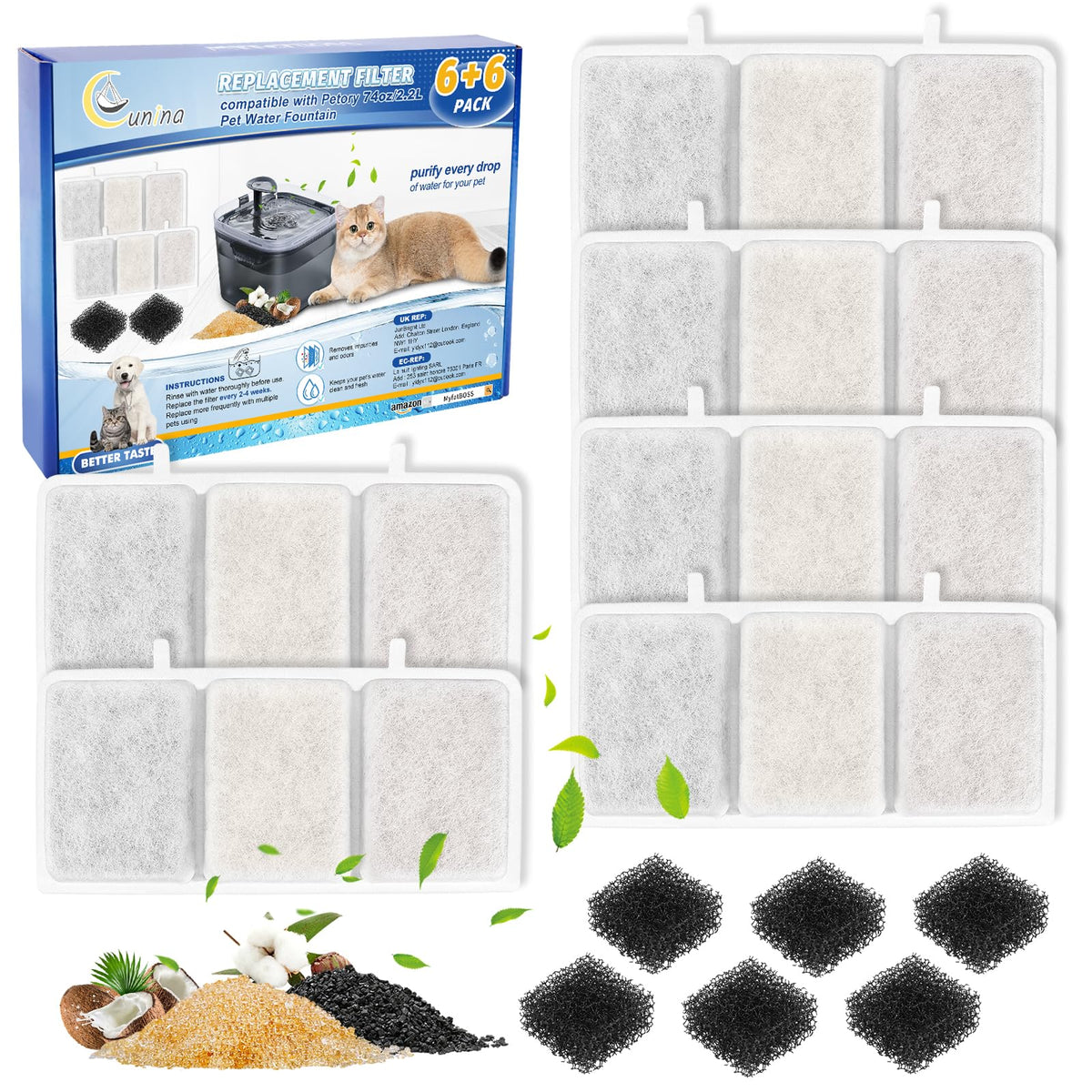 6+6 PCS Cat Water Fountain Filter Compatible with Petory 74oz