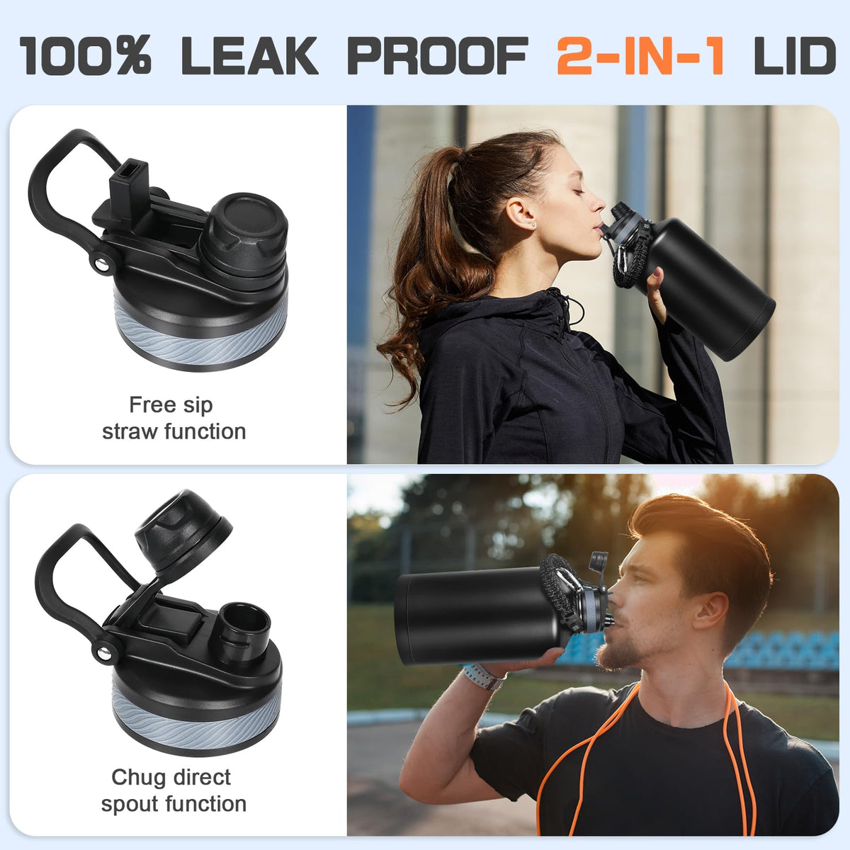 1 Gallon Water Bottle Insulated 128oz Stainless Steel Jug (128 Ounces / Black)