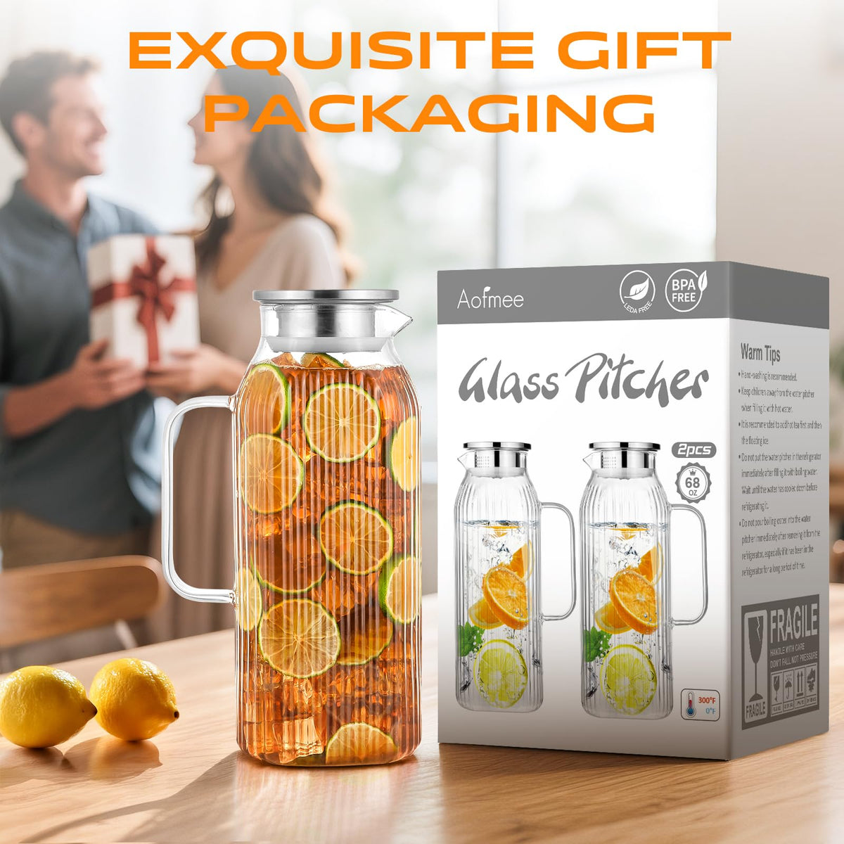 68oz Glass Pitcher with Lid and Handle for Fridge (Clear Striped)