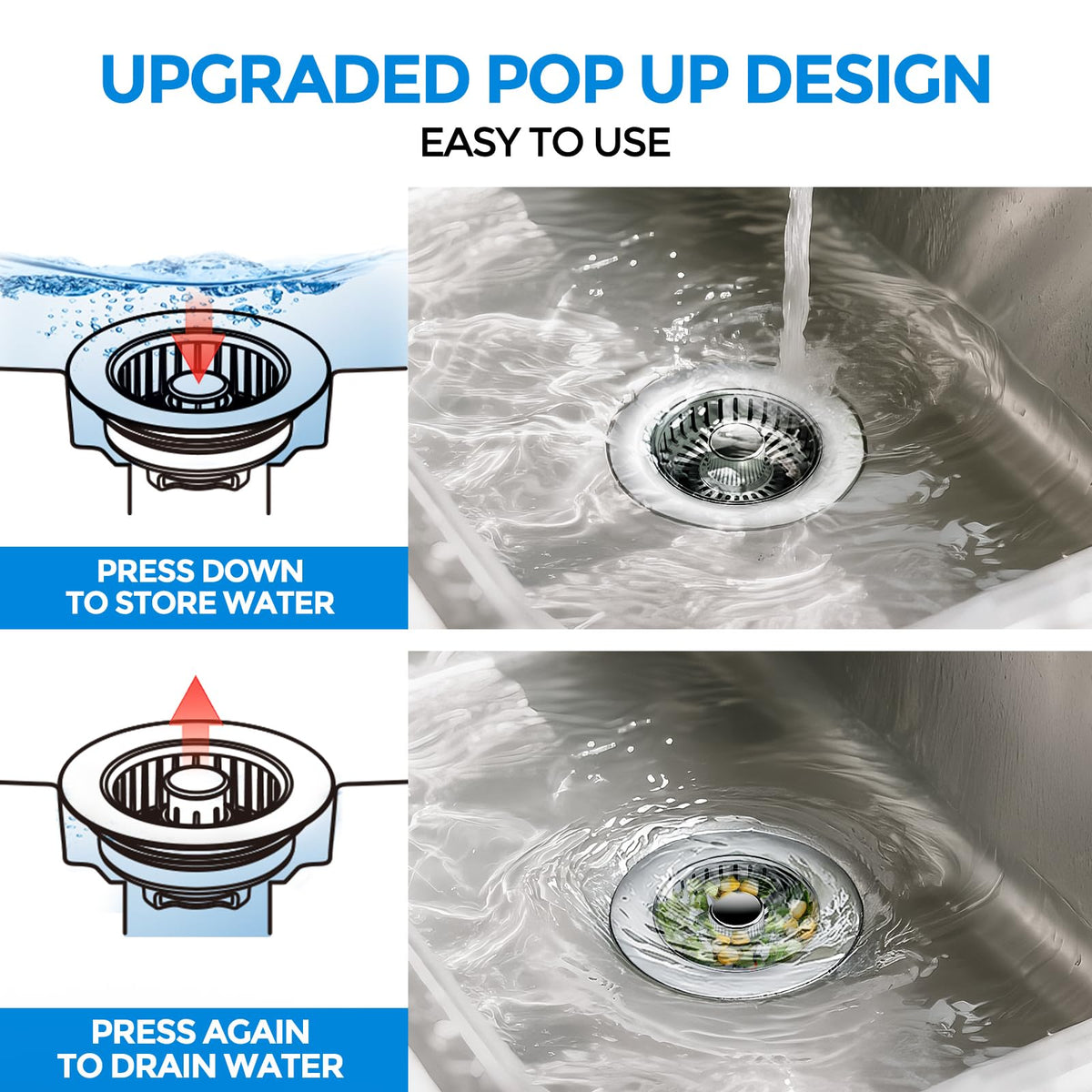 3 in 1 Kitchen Sink Drain Strainer Stopper Removable Basket Pop (Chrome Silver)