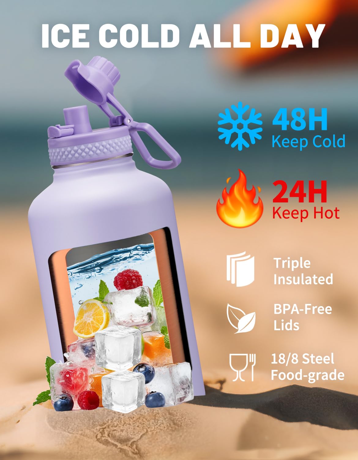 Half Gallon Water Bottle Insulated (Lilac Purple / 64 Ounces)