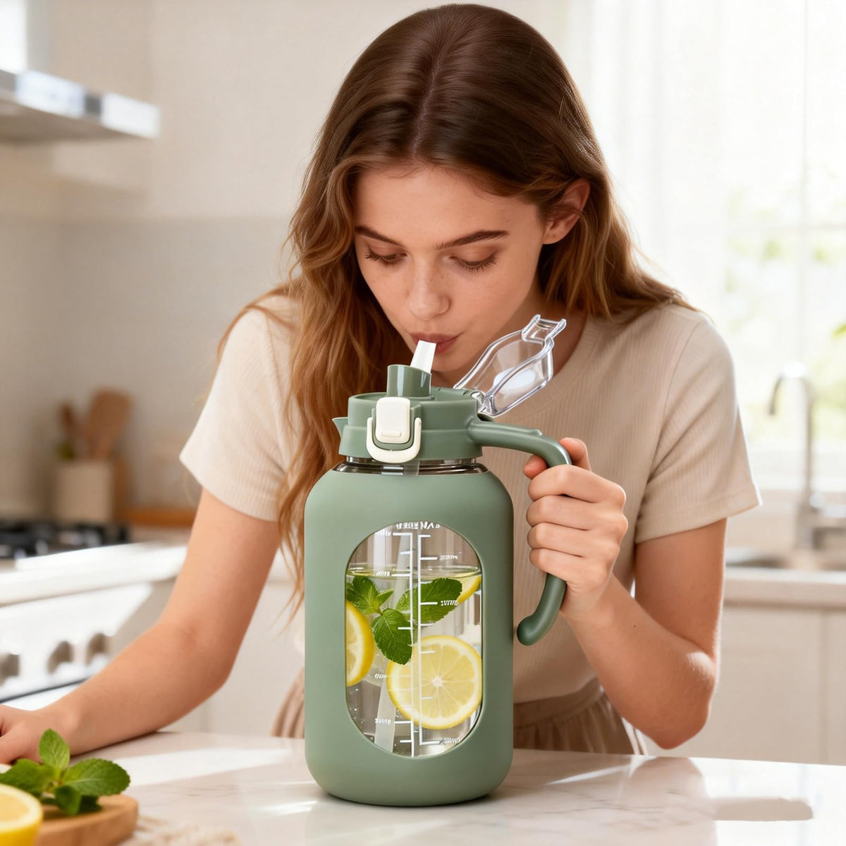 64 oz Glass Water Bottle with Handle and Straw Large 2L Water Bottle with Time Markers and Silicone Sleeve Half Gallon Water Jug BPA Free for Gym Daily Use (Olive)