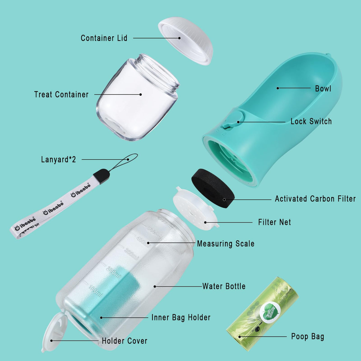 Dog Water Bottle with Food Container & Poop Bag Holder & Filter (#06 Green / 20oz)