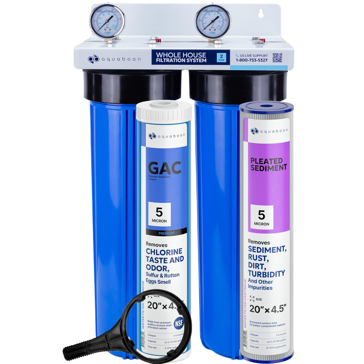 2 Stage Whole House Water Filter System with 20x4.5 Water Filters Against Sediment & Chlorine (GAC+Pleated Sediment)