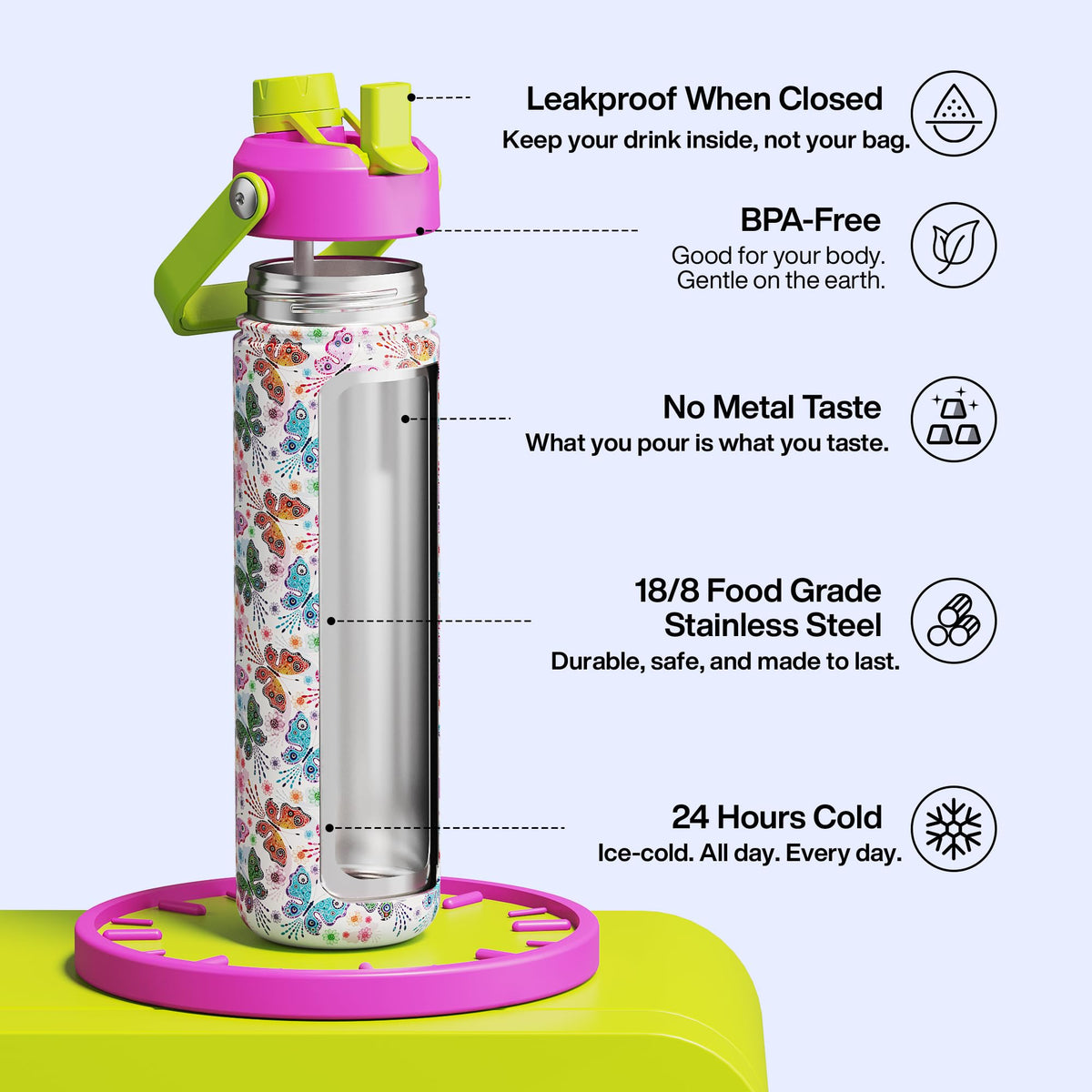 Insulated Water Bottle with Straw Stainless Steel Water Bottle (26 Ounces / Aesthetic Butterfly)