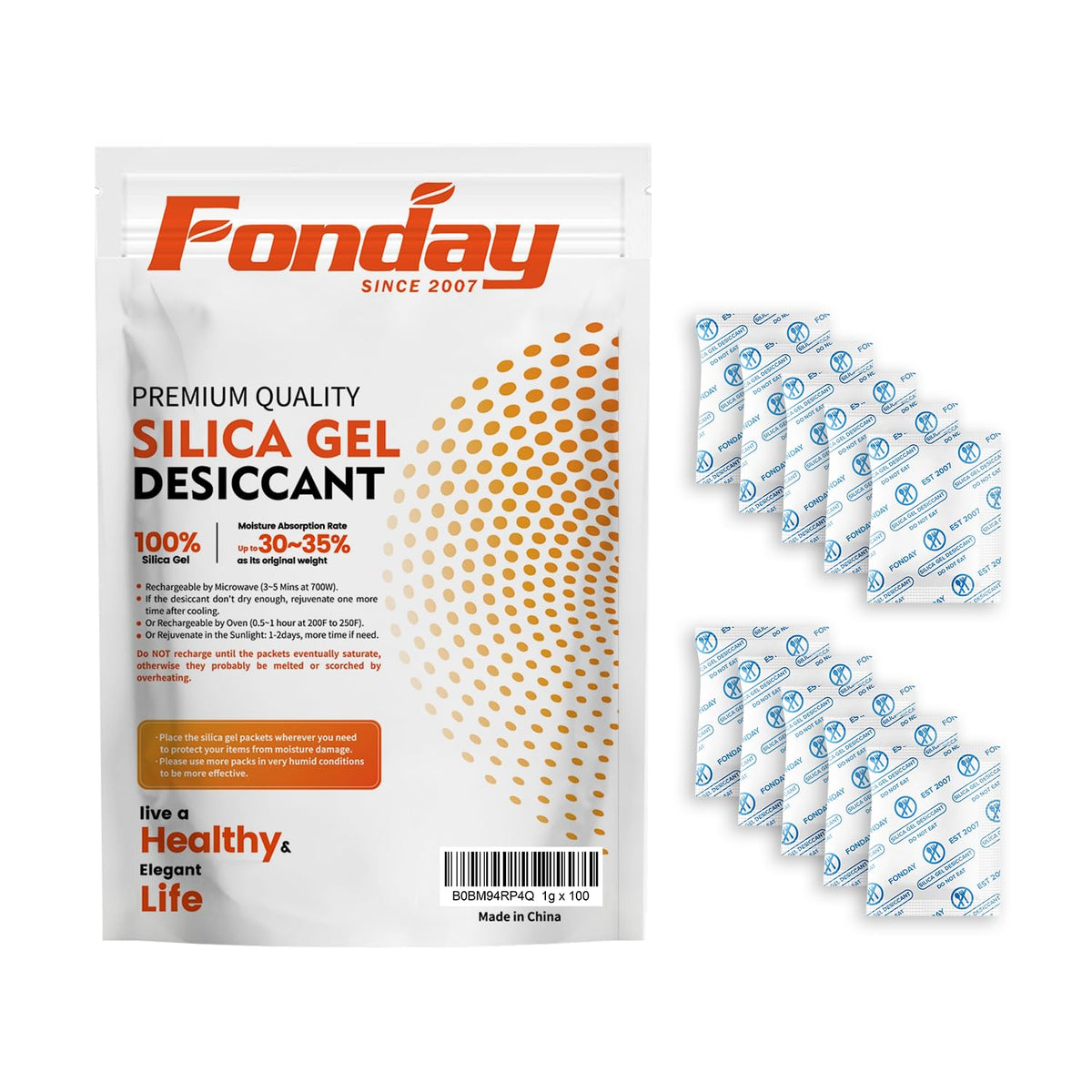 1 Gram 100 Packets Fonday Food Grade Silica Gel Desiccant Packs (1 Gram)
