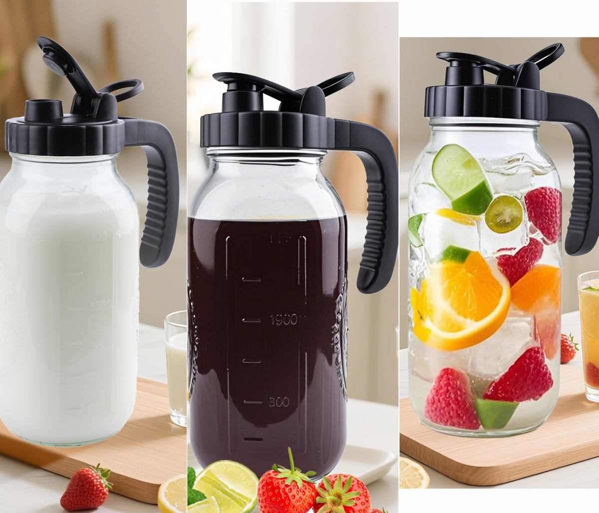 Glass Mason Jar Pitcher With Lid 2 Quart Sun Tea Glass Pitcher 64 Oz Wide Mouth Half Gallon Hot Cold Water Coffee Jug Carafe For Fridge Lemonade (64 OZ)