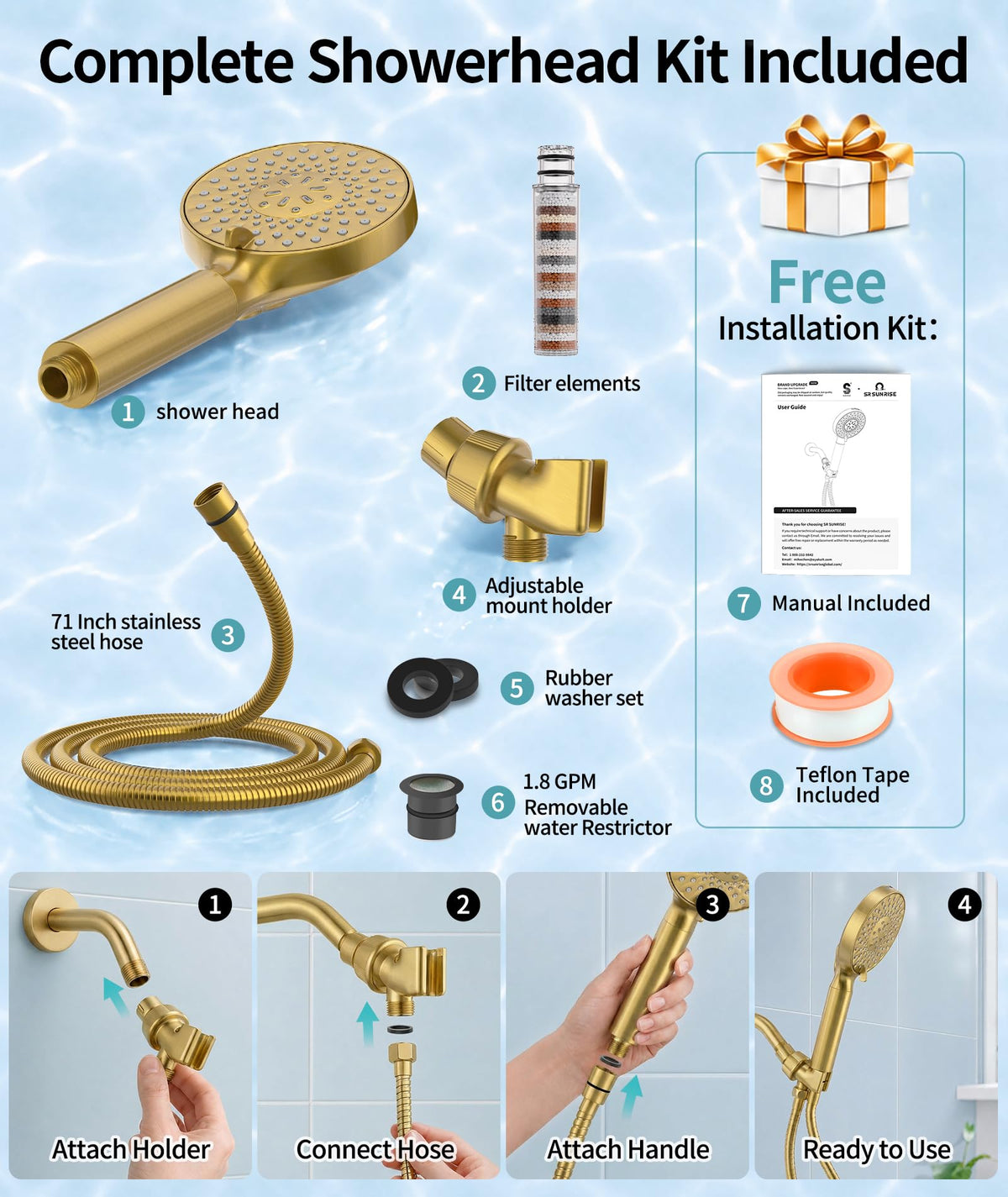Filtered Shower Head with Handheld High Pressure 9 Spray Mode Showerhead Detachable Shower Head Water Softener Filters Beads for Hard Water Remove Chlorine 1 Filter 1.8GPM Gold (Gold)