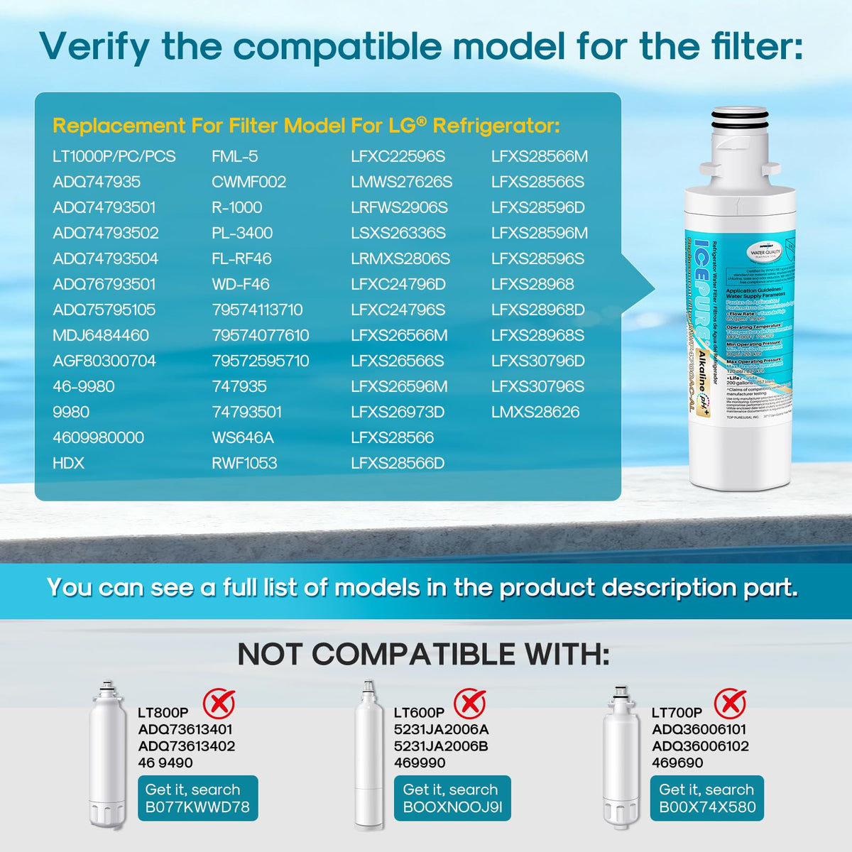 Alkaline LT1000PC Refrigerator Water Filter and Air Filter Replacement for LG LT1000P (Alkaline Water Filter with Air Filter / 3+3 Count (Pack of 1))
