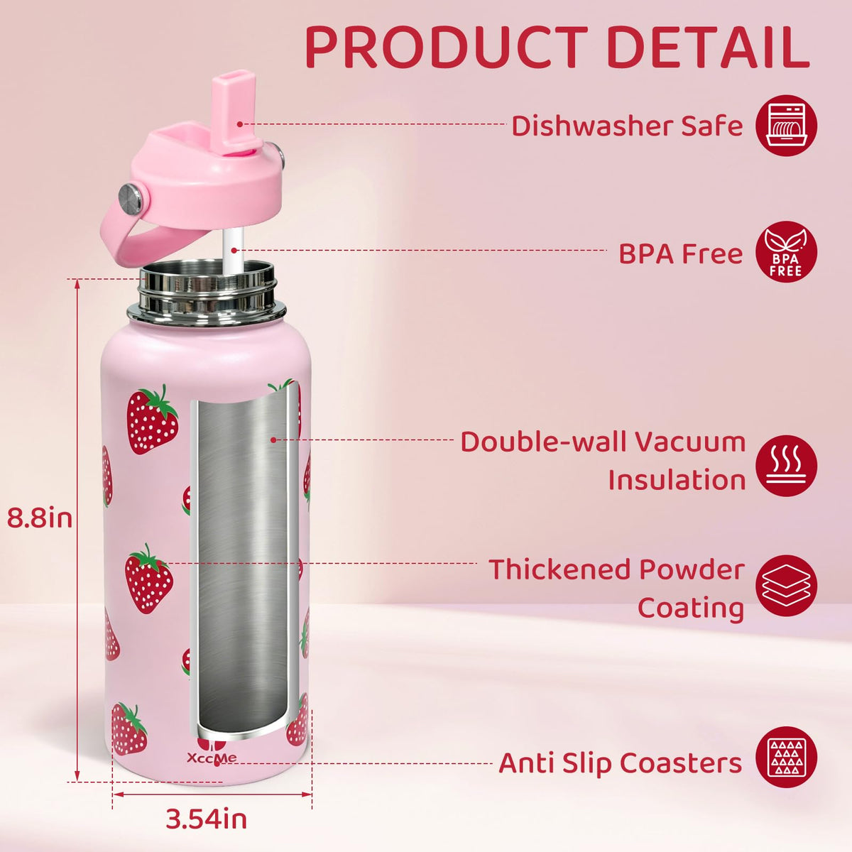 32oz Strawberry Insulated Water Bottle for Women with Straw (Strawberry / 32 Ounces)