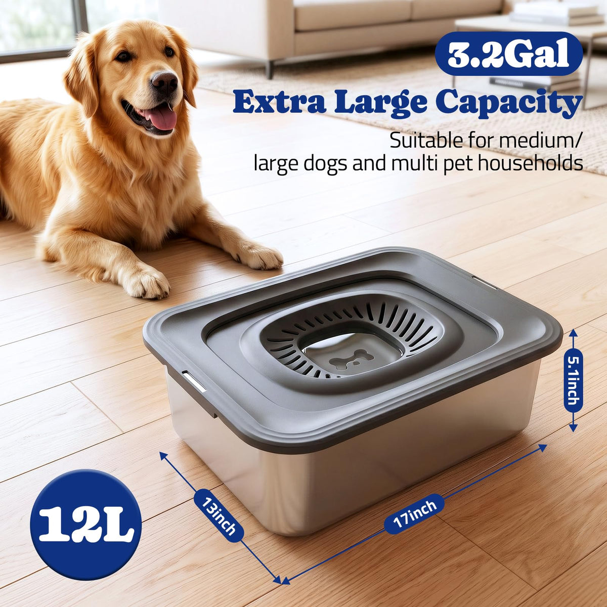 12L Dog Water Bowl No Spill with Slow Drinking Floating Disk (Gray / 12L)