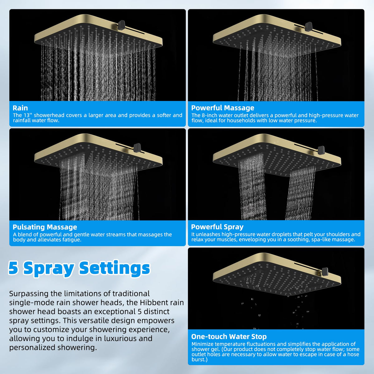 13'' 5 spray Rain Shower Head (Square 13'' / Brushed Gold)