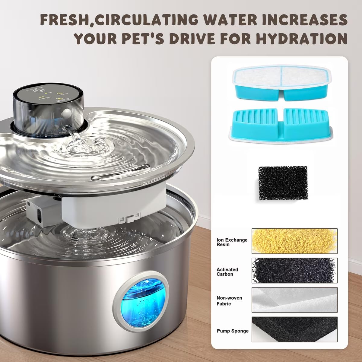 PWL 003 Smart Motion Sensor Cordless Stainless Steel Dog & Cat Water Fountain