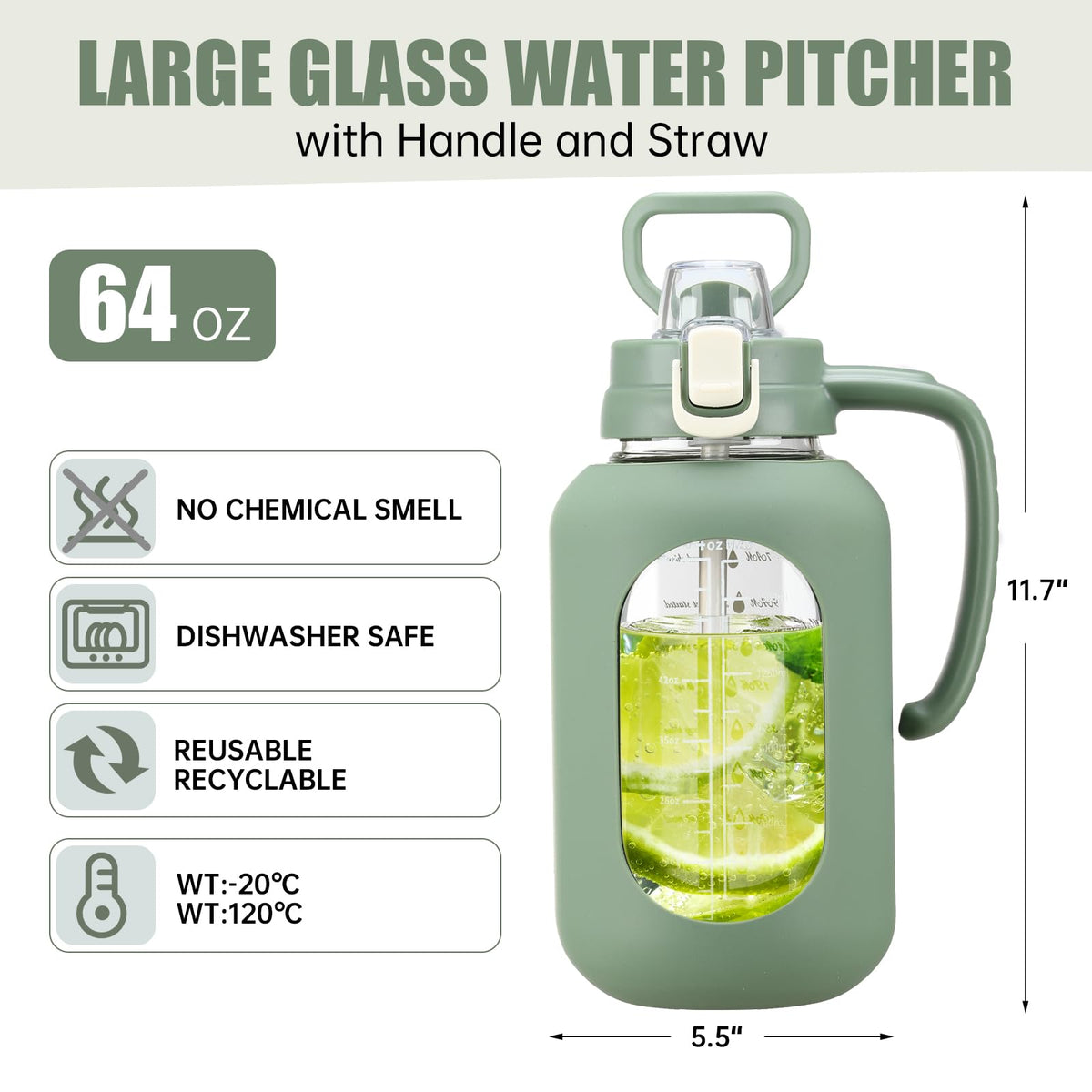64 oz Glass Water Bottle with Handle and Straw Large 2L Water Bottle with Time Markers and Silicone Sleeve Half Gallon Water Jug BPA Free for Gym Daily Use (Olive)